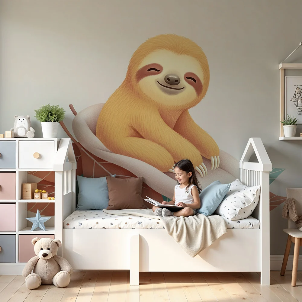 Nursery room wallpaper | Aranyos lusta egy színes leveleken fekvő ágyon