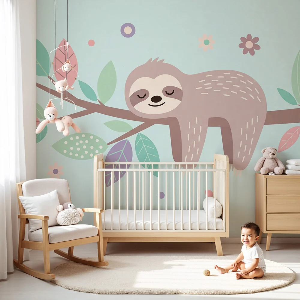 Nursery room wallpaper | Aranyos lusta ágon színes levelekkel