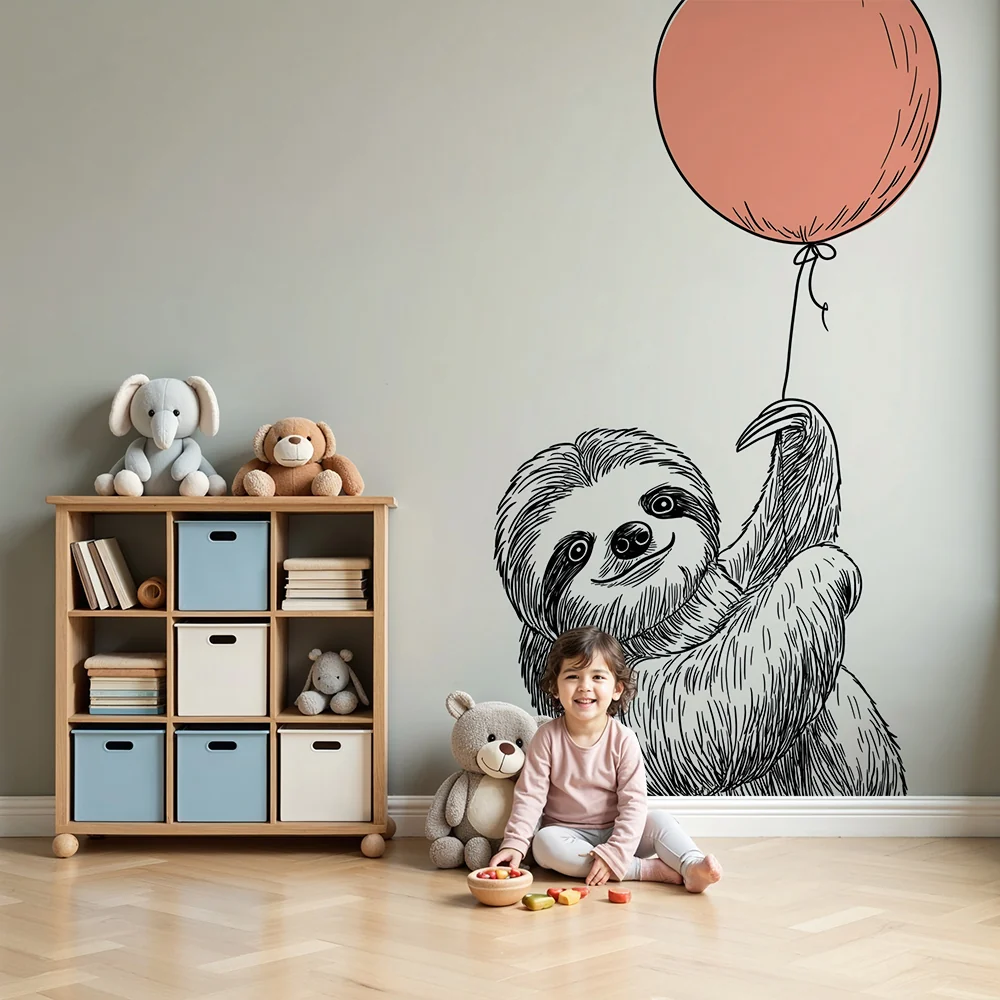 Nursery room wallpaper | Aranyos lusta rózsaszín lufit tartó lusta