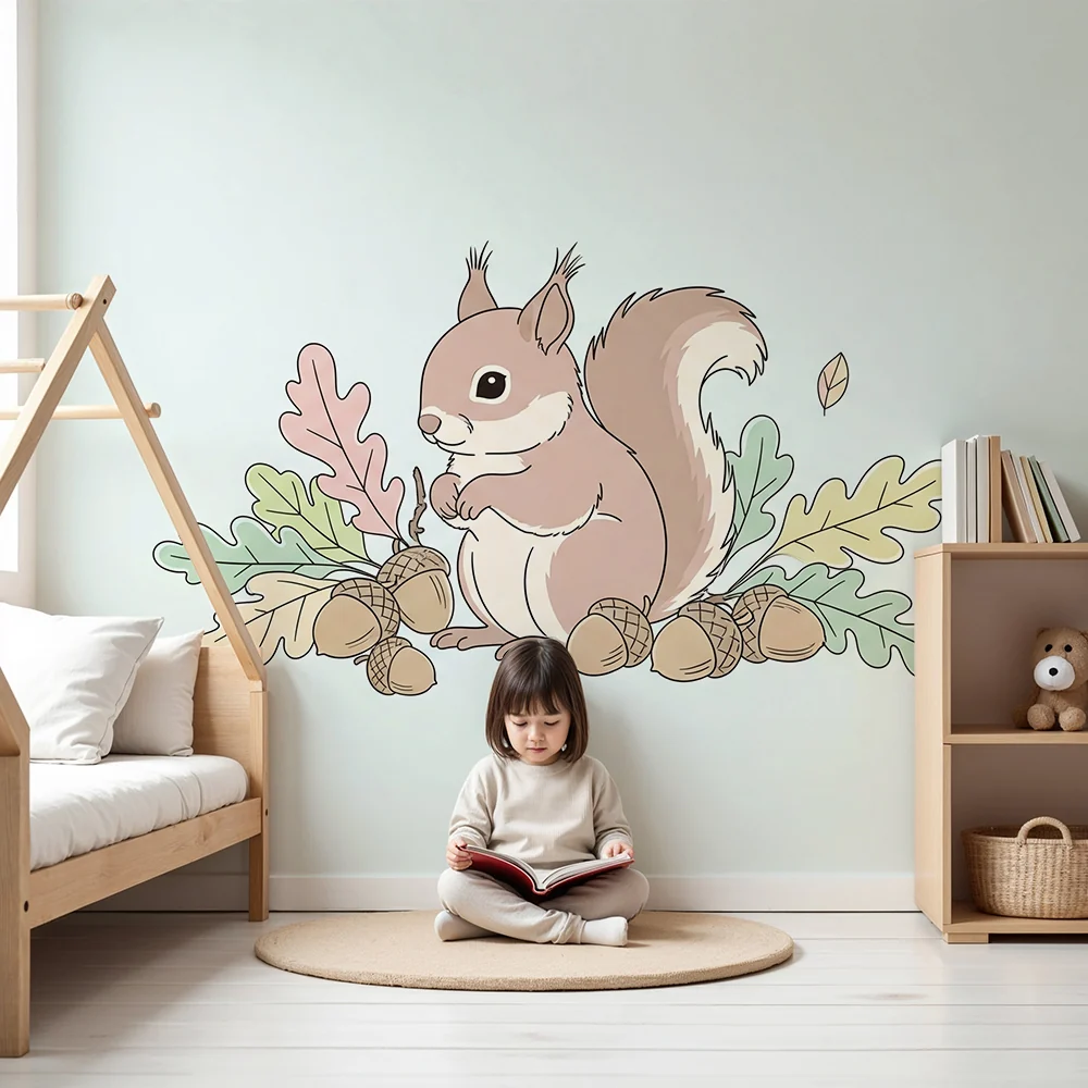 Nursery room wallpaper | Aranyos mókus levelek és makkok között