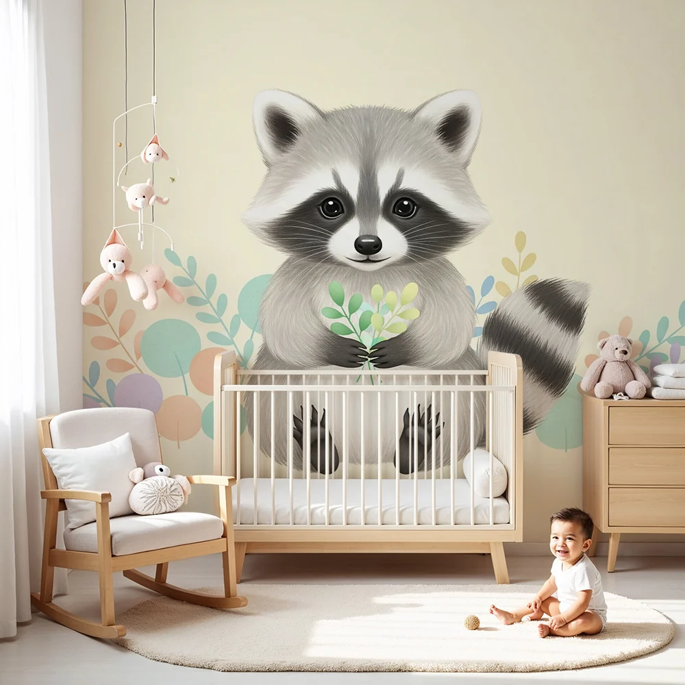 Nursery room wallpaper | Aranyos mosómedve pasztell levelekkel