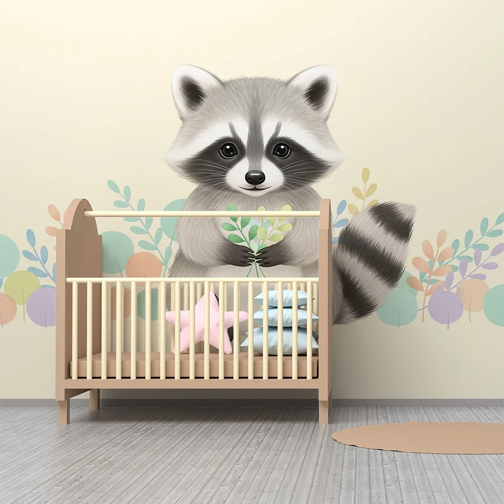 Nursery room wallpaper | Aranyos mosómedve pasztell levelekkel