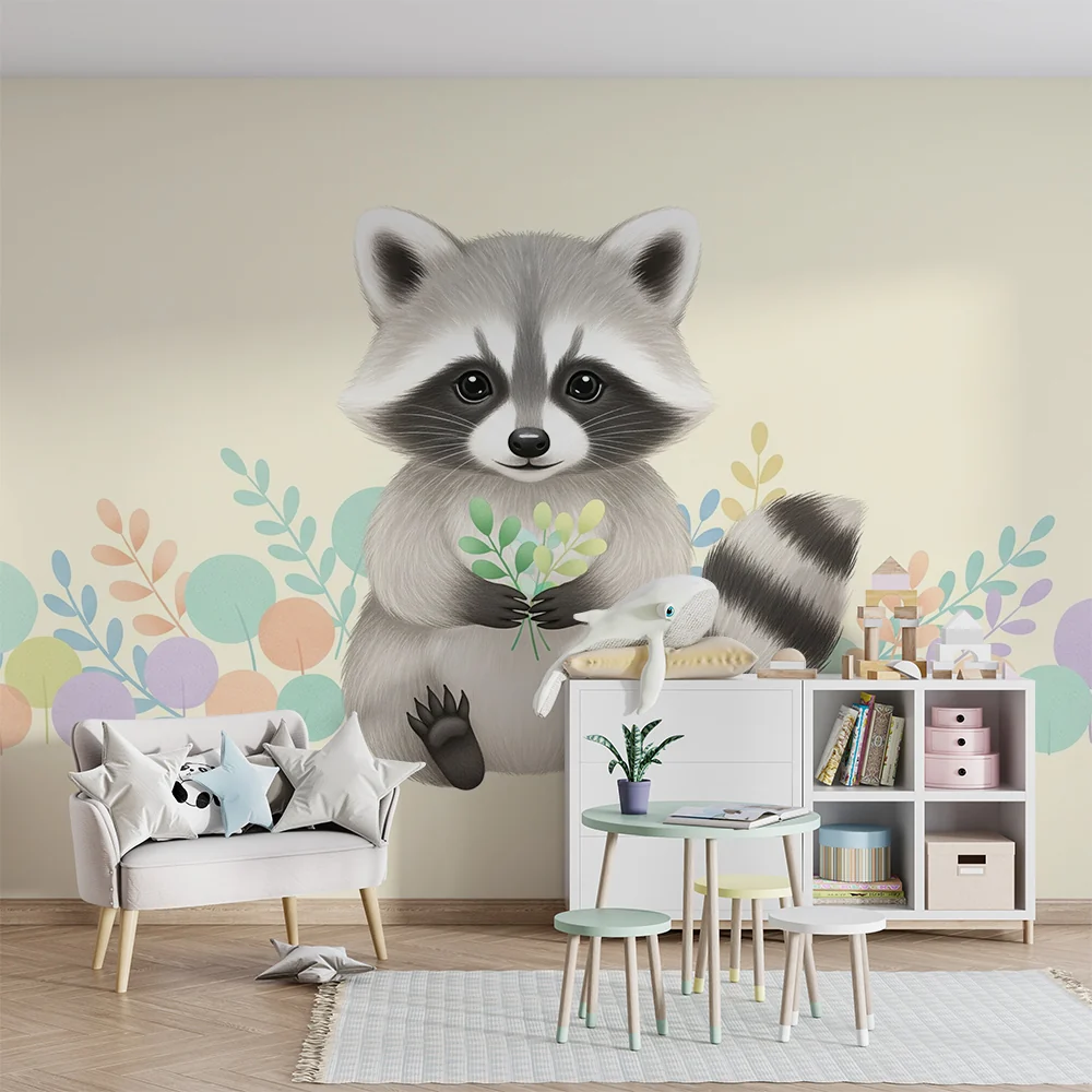 Nursery room wallpaper | Aranyos mosómedve pasztell levelekkel