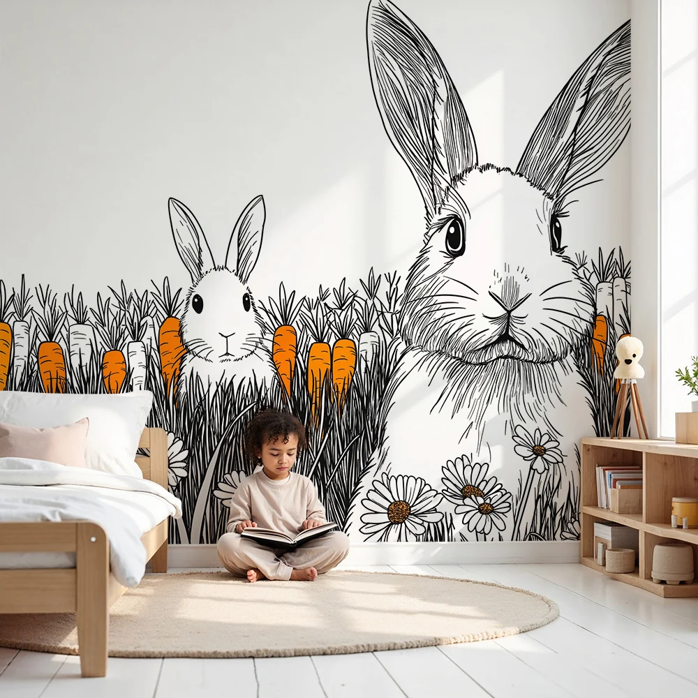 Nursery room wallpaper | Aranyos nyulak sárgarépa és margaréta mezőben