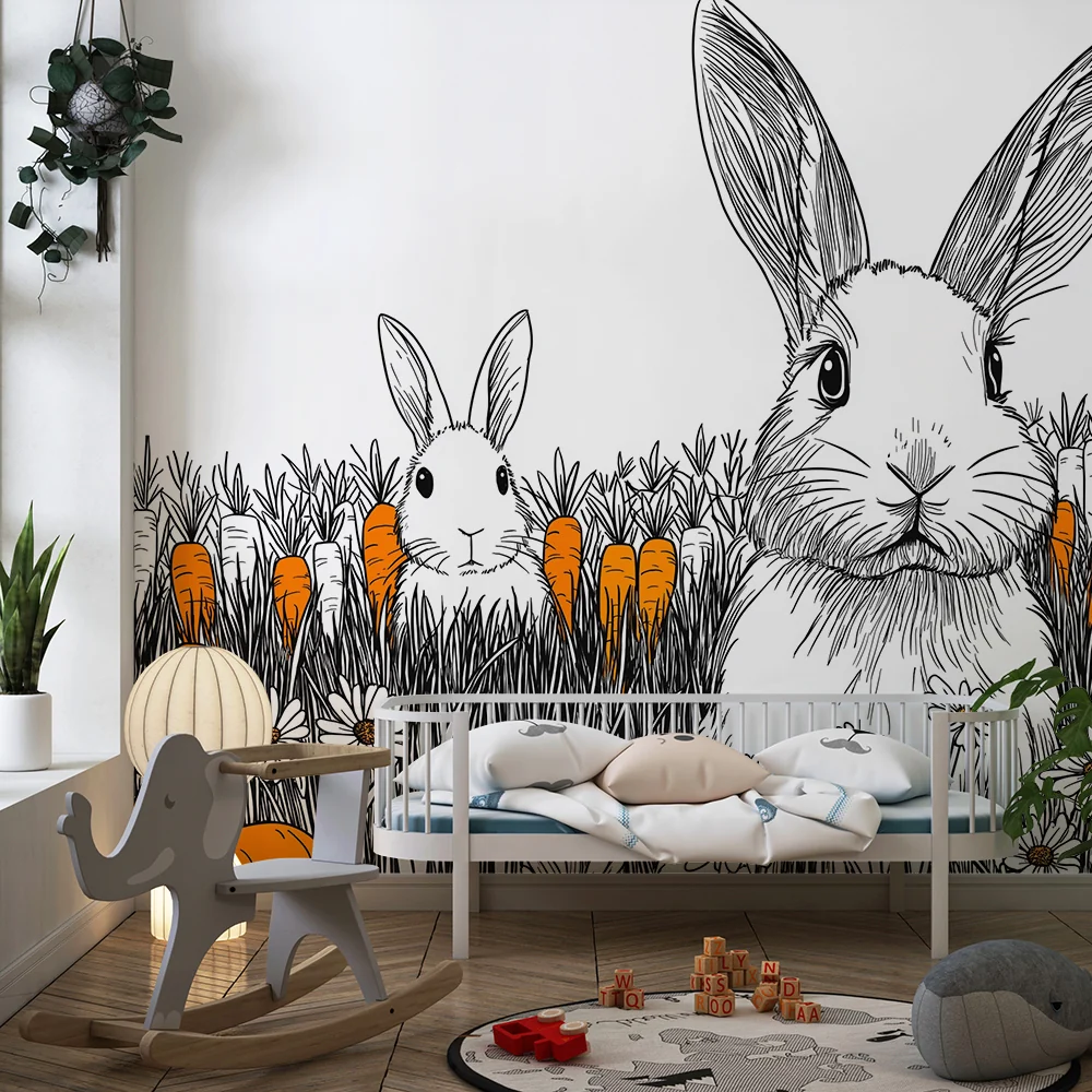 Nursery room wallpaper | Aranyos nyulak sárgarépa és margaréta mezőben