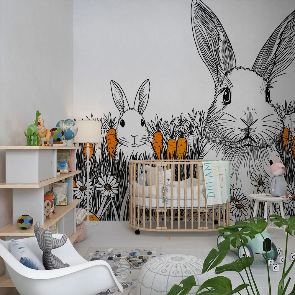 Nursery room wallpaper | Aranyos nyulak sárgarépa és margaréta mezőben