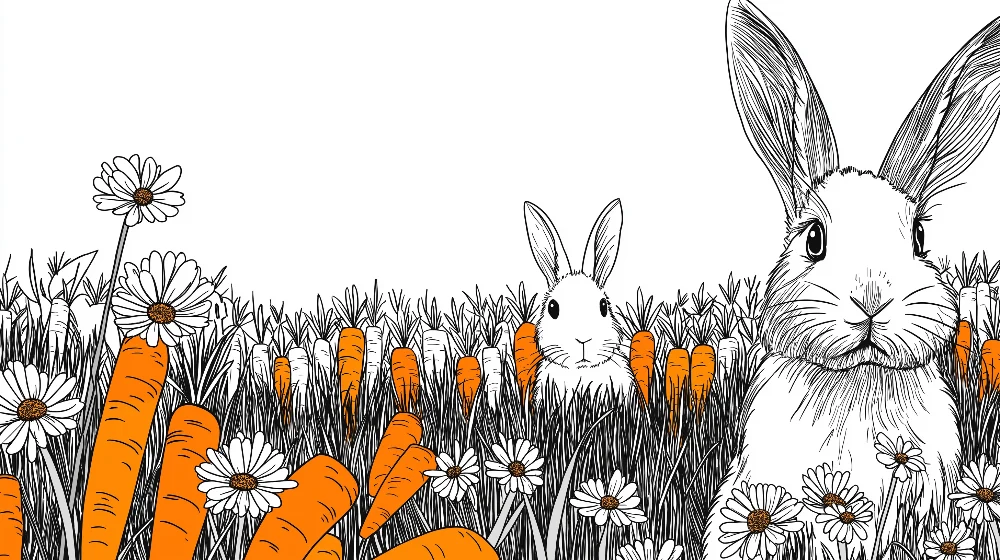 Nursery room wallpaper | Aranyos nyulak sárgarépa és margaréta mezőben