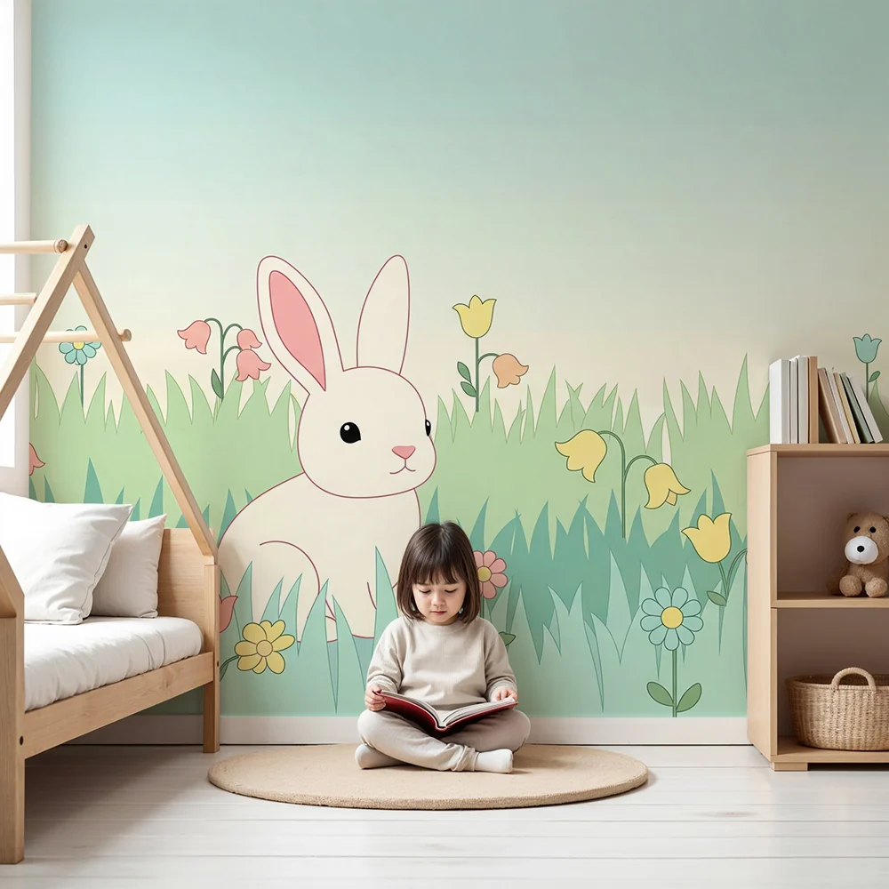 Nursery room wallpaper | Aranyos nyuszi pasztell virágos mezőn