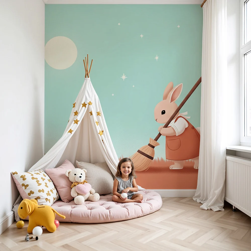 Nursery room wallpaper | Aranyos nyuszi söpröget hold alatt