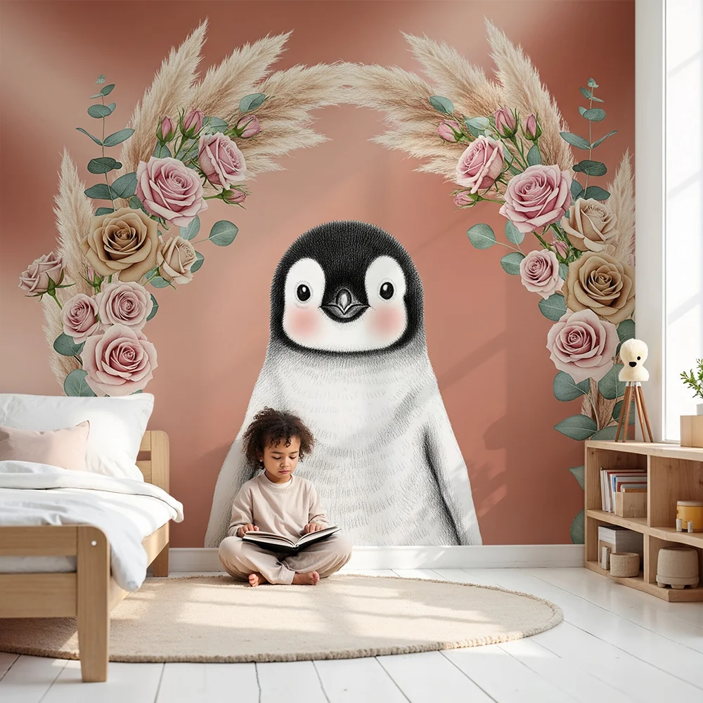 Nursery room wallpaper | Aranyos pingvin és finom virágok