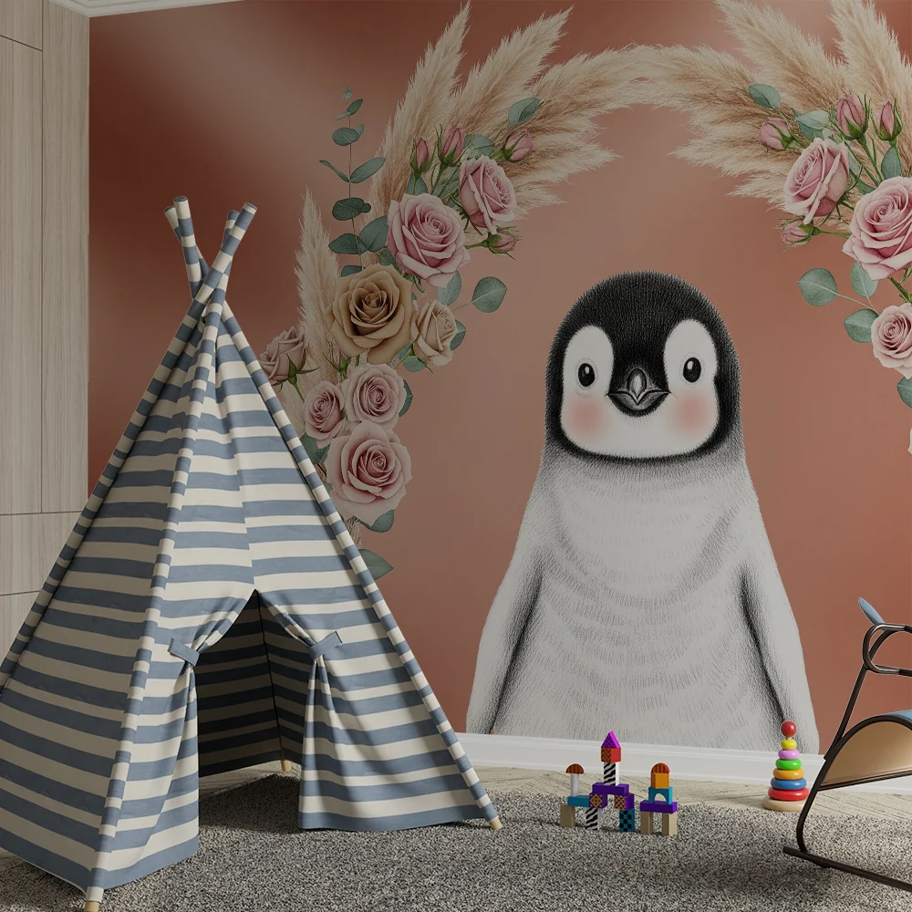 Nursery room wallpaper | Aranyos pingvin és finom virágok