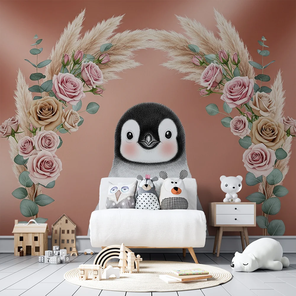 Nursery room wallpaper | Aranyos pingvin és finom virágok