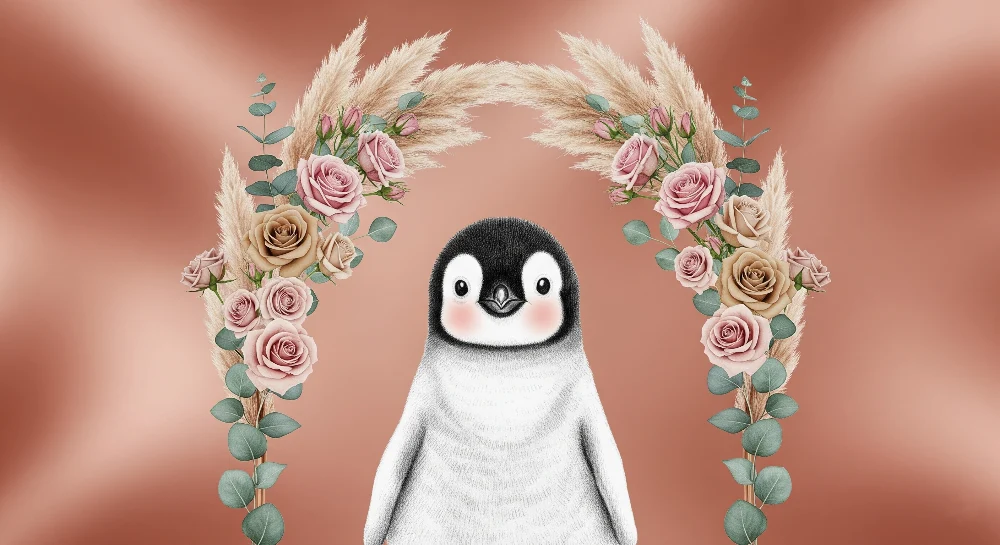 Nursery room wallpaper | Aranyos pingvin és finom virágok