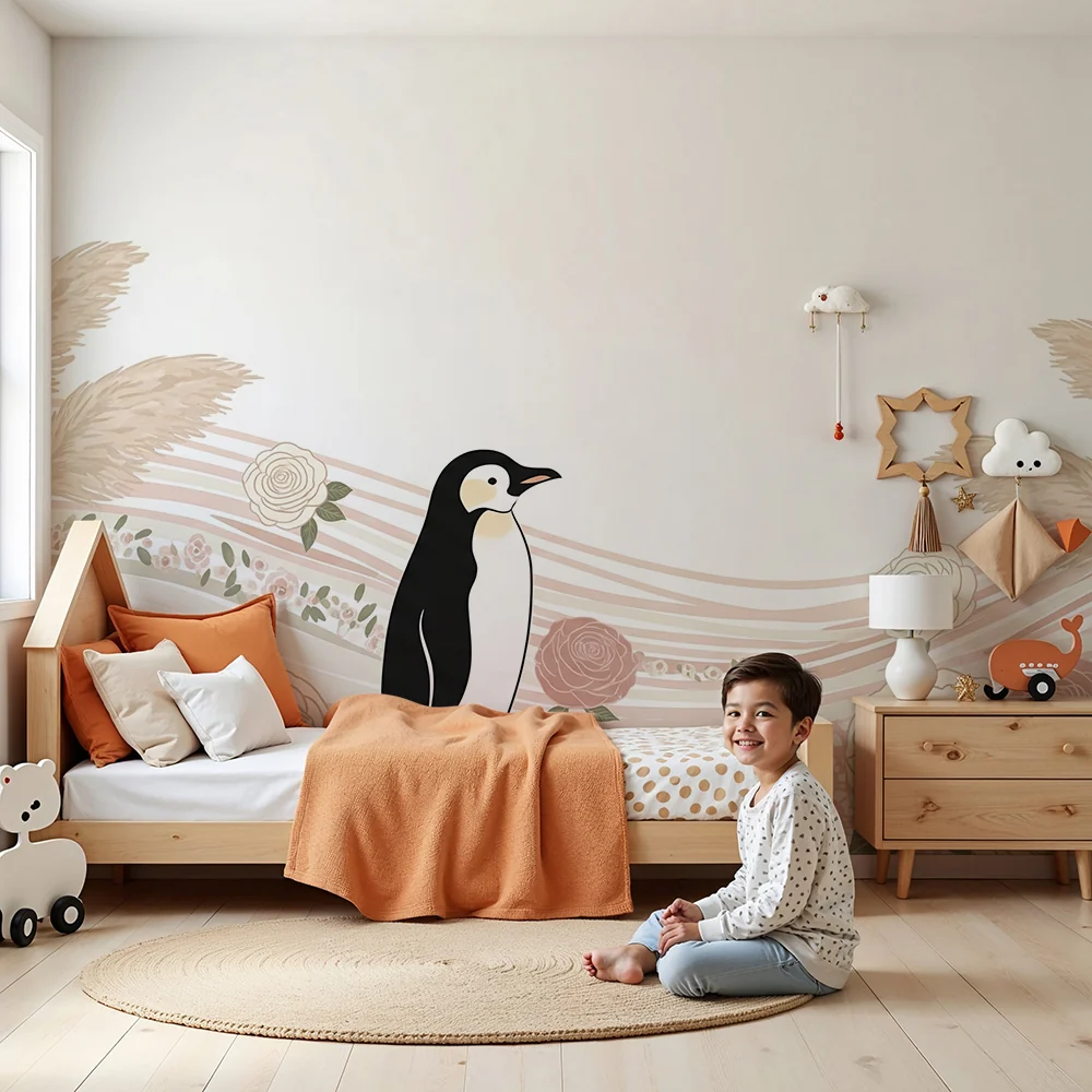 Nursery room wallpaper | Aranyos pingvin finom virágok között