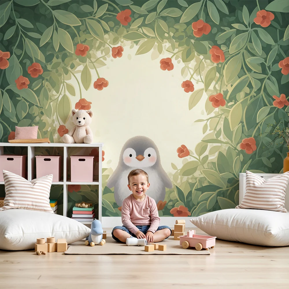 Nursery room wallpaper | Aranyos pingvin virágok között