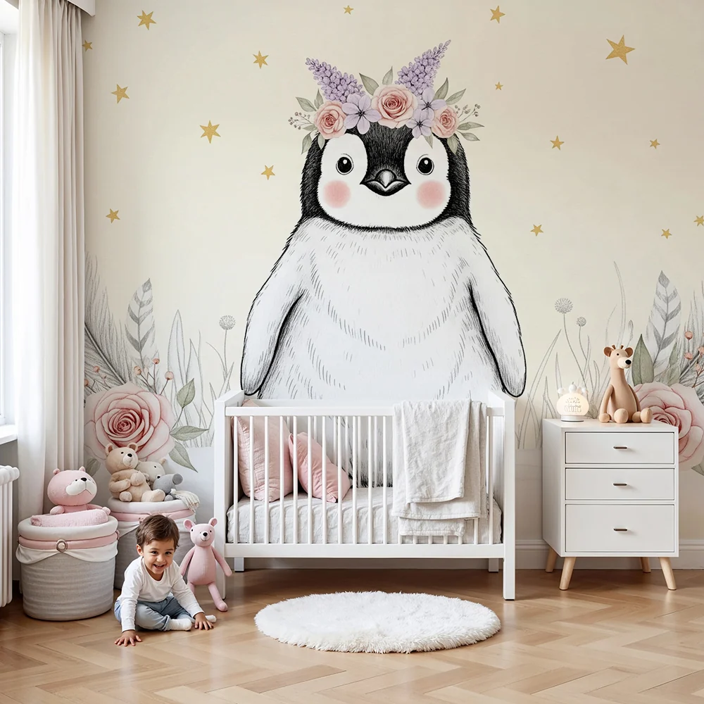 Nursery room wallpaper | Aranyos pingvin virágokkal és csillagokkal
