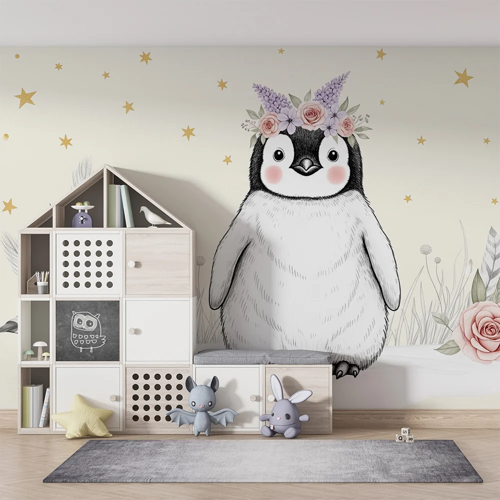 Nursery room wallpaper | Aranyos pingvin virágokkal és csillagokkal