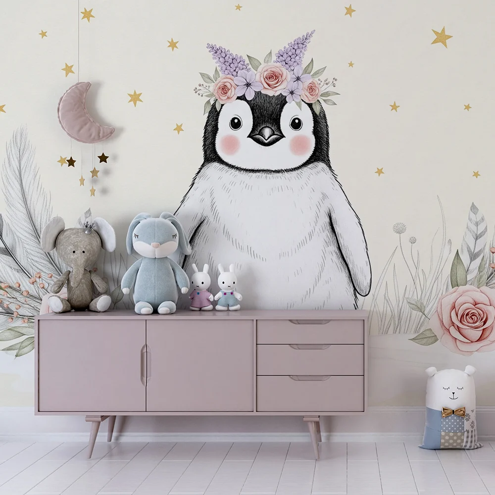 Nursery room wallpaper | Aranyos pingvin virágokkal és csillagokkal