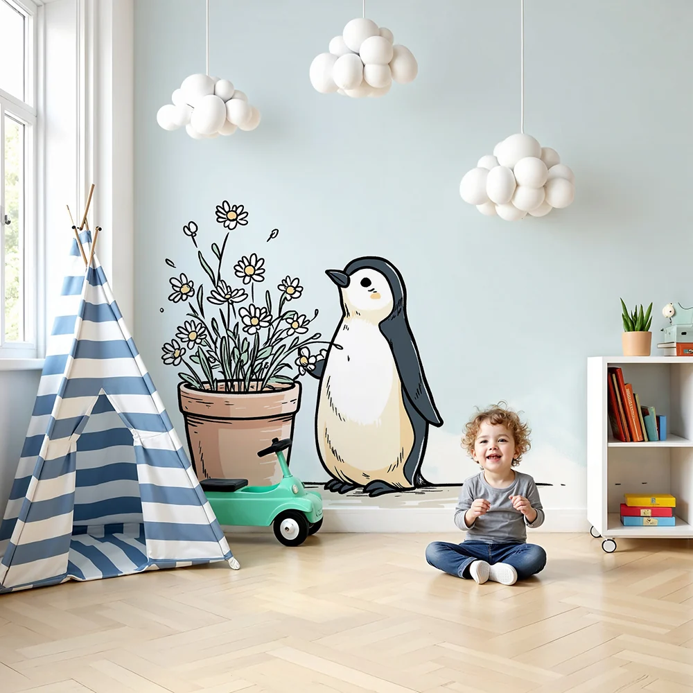 Nursery room wallpaper | Aranyos pingvin virágos cserépben