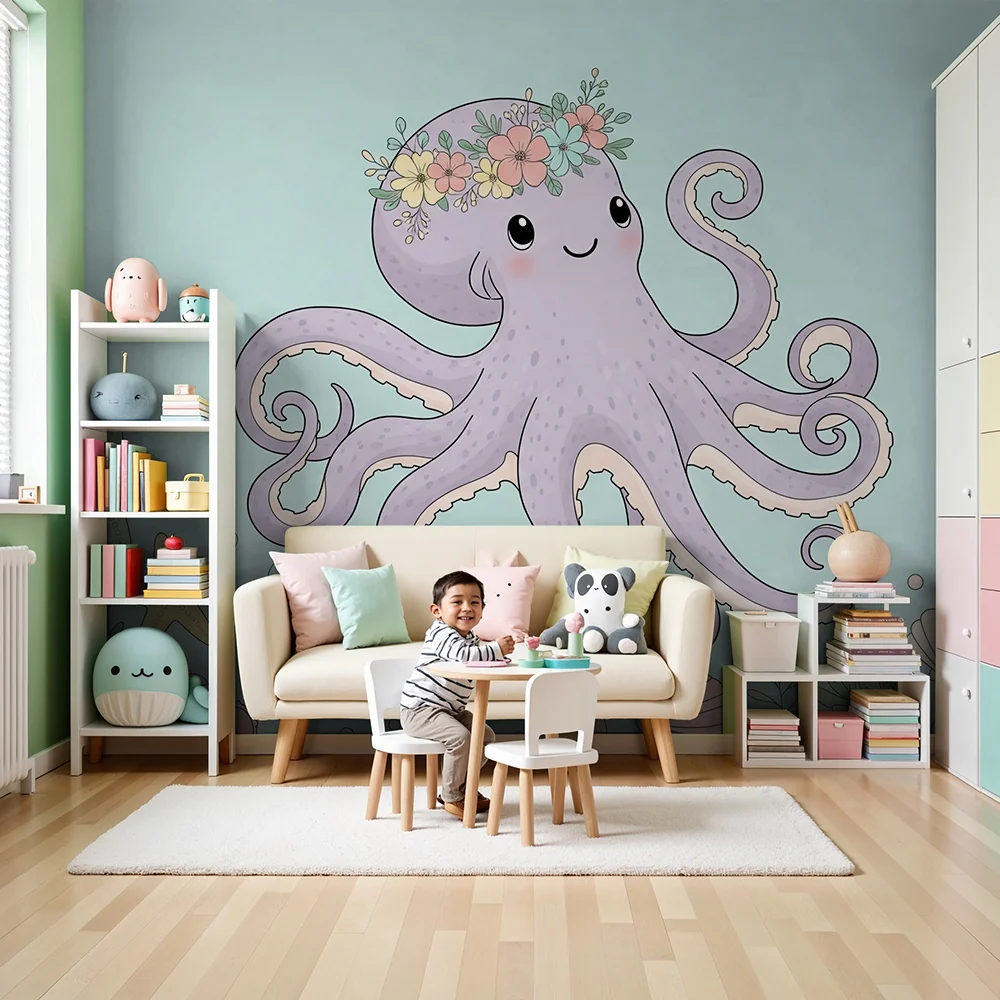 Nursery room wallpaper | Aranyos polip virágokkal és színes kagylókkal