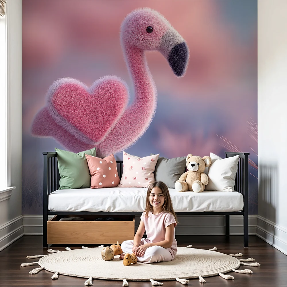 Nursery room wallpaper | Aranyos rózsaszín flamingó plüss szívvel