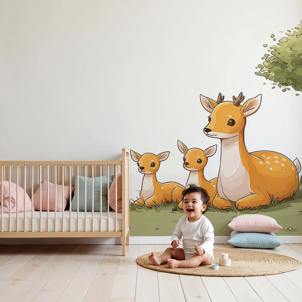 Nursery room wallpaper | Aranyos szarvascsalád vízparton