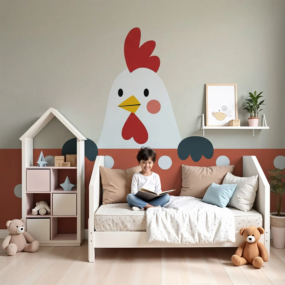 Nursery room wallpaper | Aranyos színes tyúk pöttyös háttéren