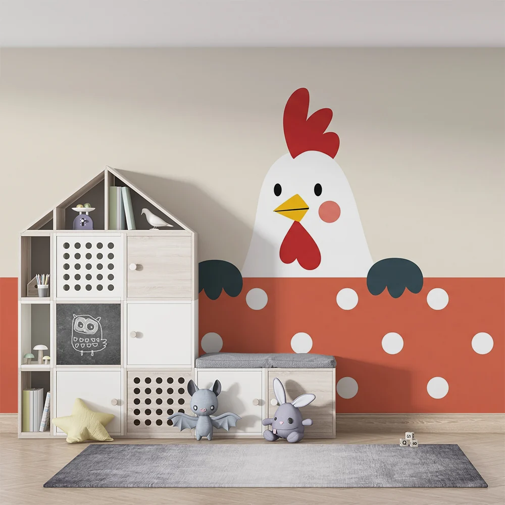 Nursery room wallpaper | Aranyos színes tyúk pöttyös háttéren