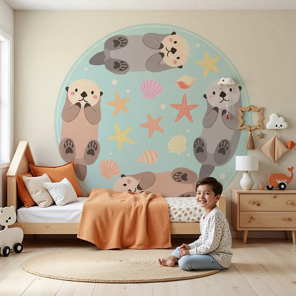 Nursery room wallpaper | Aranyos vidrák játszanak vízben csillagokkal és kagylókkal