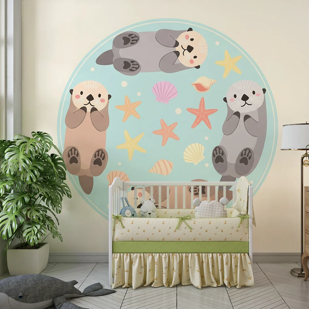 Nursery room wallpaper | Aranyos vidrák játszanak vízben csillagokkal és kagylókkal