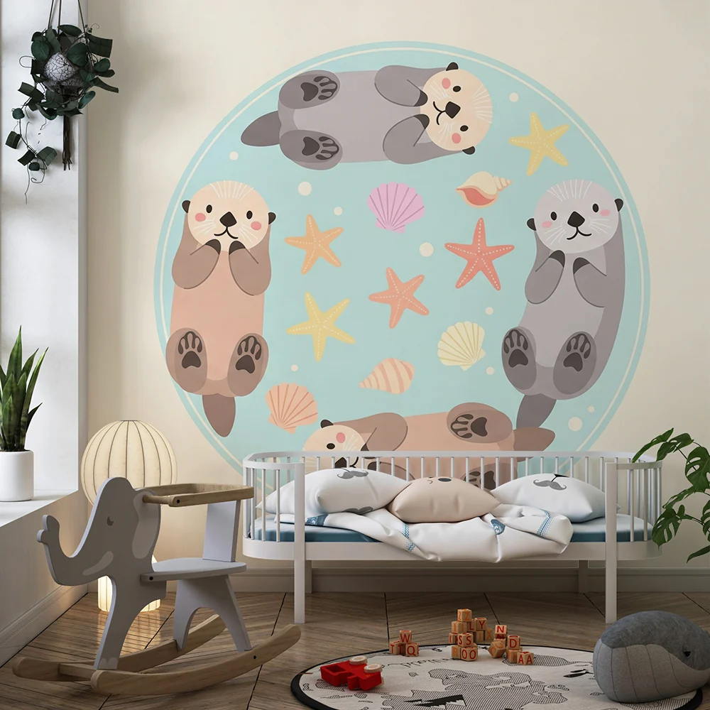 Nursery room wallpaper | Aranyos vidrák játszanak vízben csillagokkal és kagylókkal