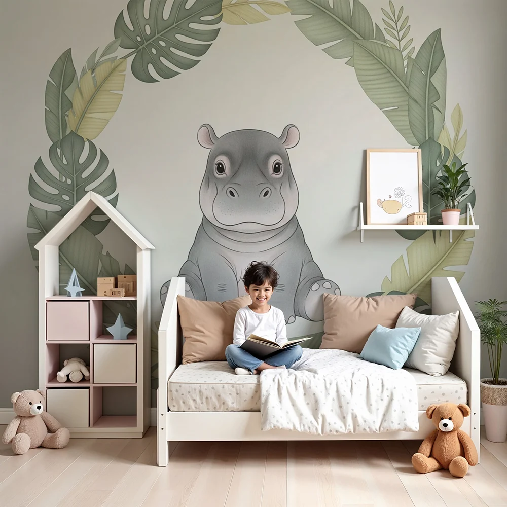 Nursery room wallpaper | Aranyos víziló trópusi növényzet között