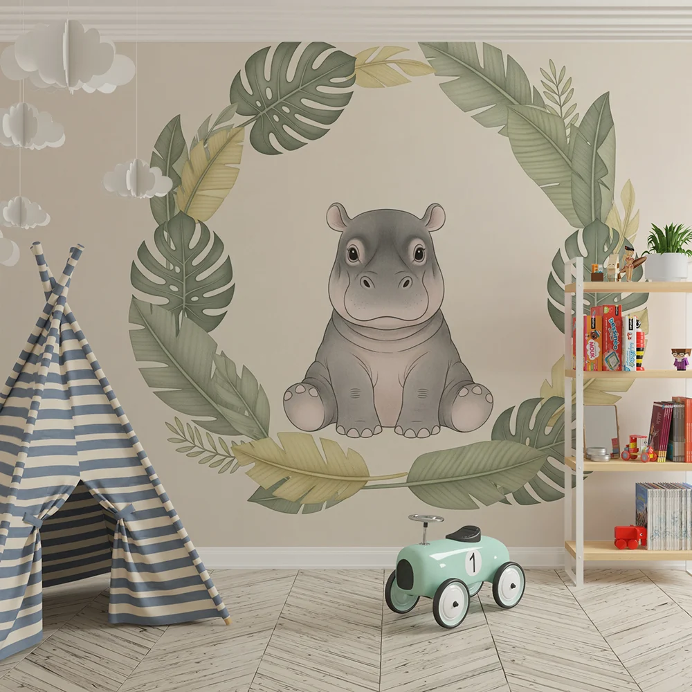 Nursery room wallpaper | Aranyos víziló trópusi növényzet között