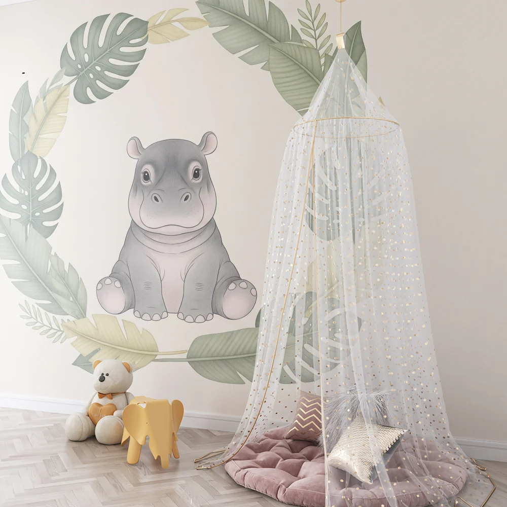 Nursery room wallpaper | Aranyos víziló trópusi növényzet között