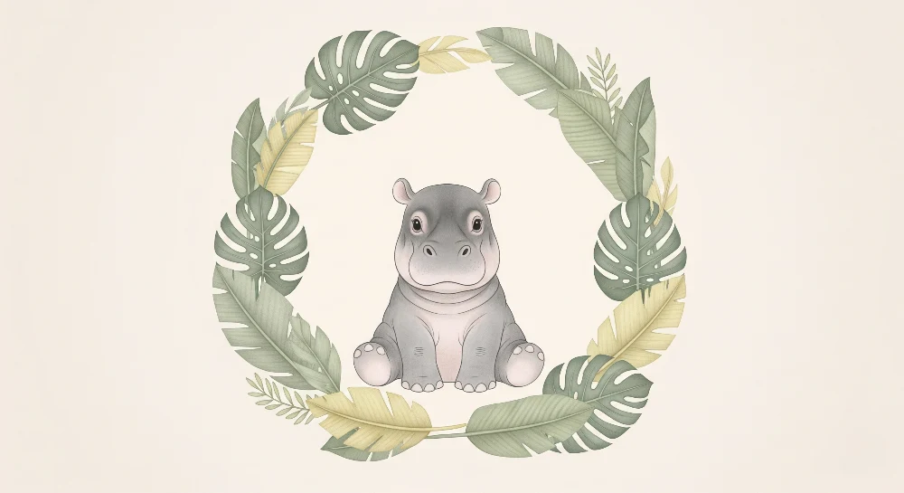 Nursery room wallpaper | Aranyos víziló trópusi növényzet között