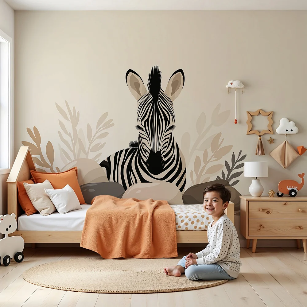 Nursery room wallpaper | Aranyos zebra kövek és puha lombozat között