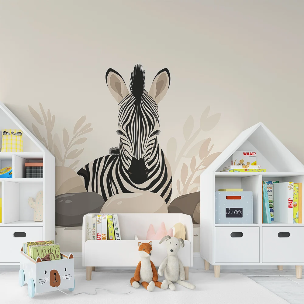 Nursery room wallpaper | Aranyos zebra kövek és puha lombozat között