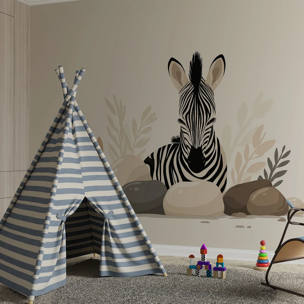 Nursery room wallpaper | Aranyos zebra kövek és puha lombozat között