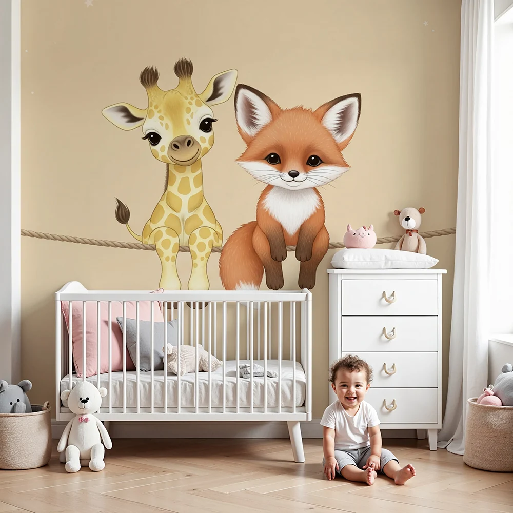 Nursery room wallpaper | Aranyos zsiráf és róka csillagos háttérrel