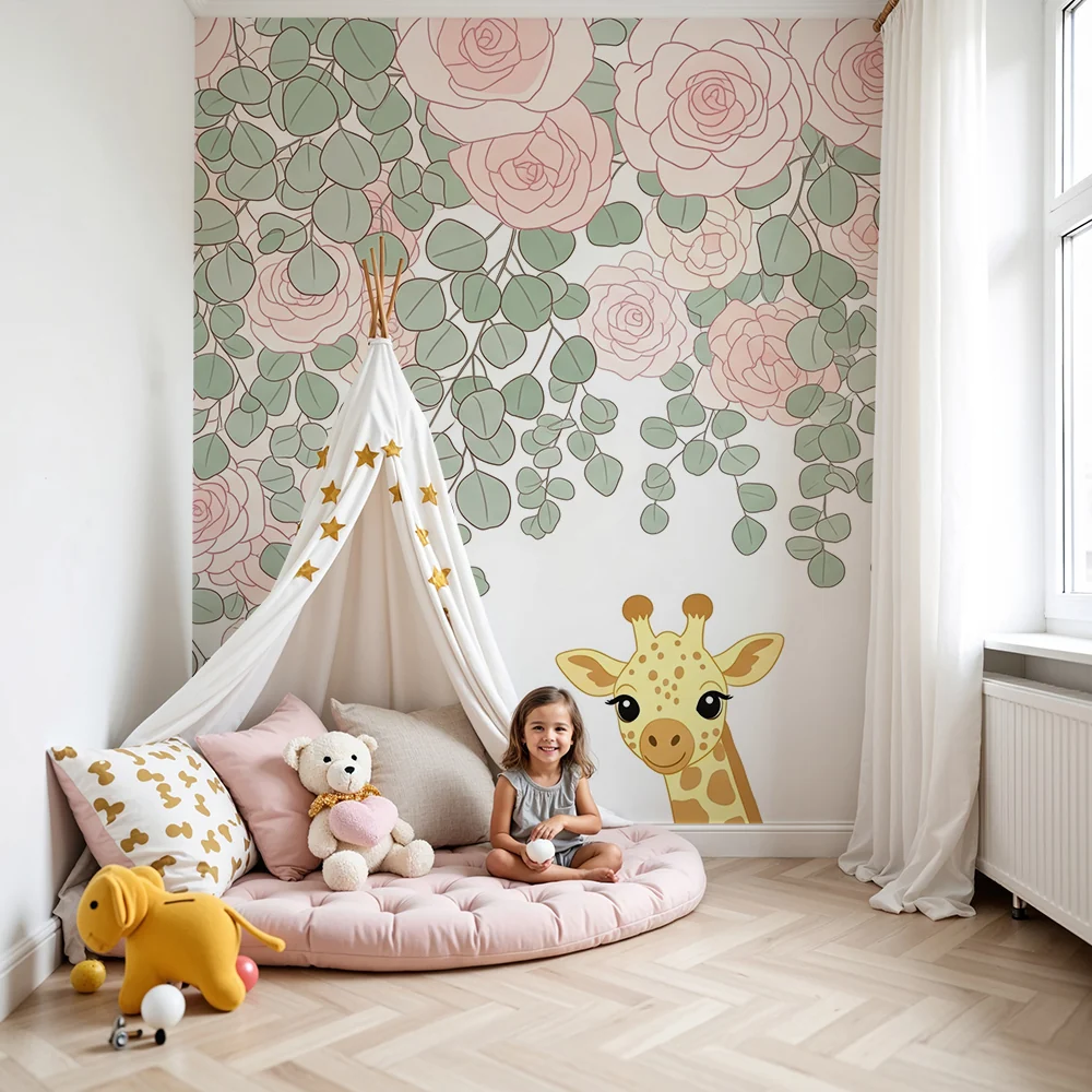 Nursery room wallpaper | Aranyos zsiráf rózsák alatt