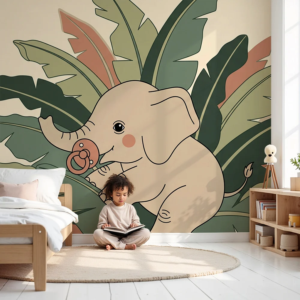 Nursery room wallpaper | Baby elephant middle tropical foliage
