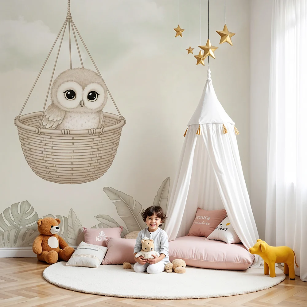 Nursery room wallpaper | Bagoly egy függő kosárban