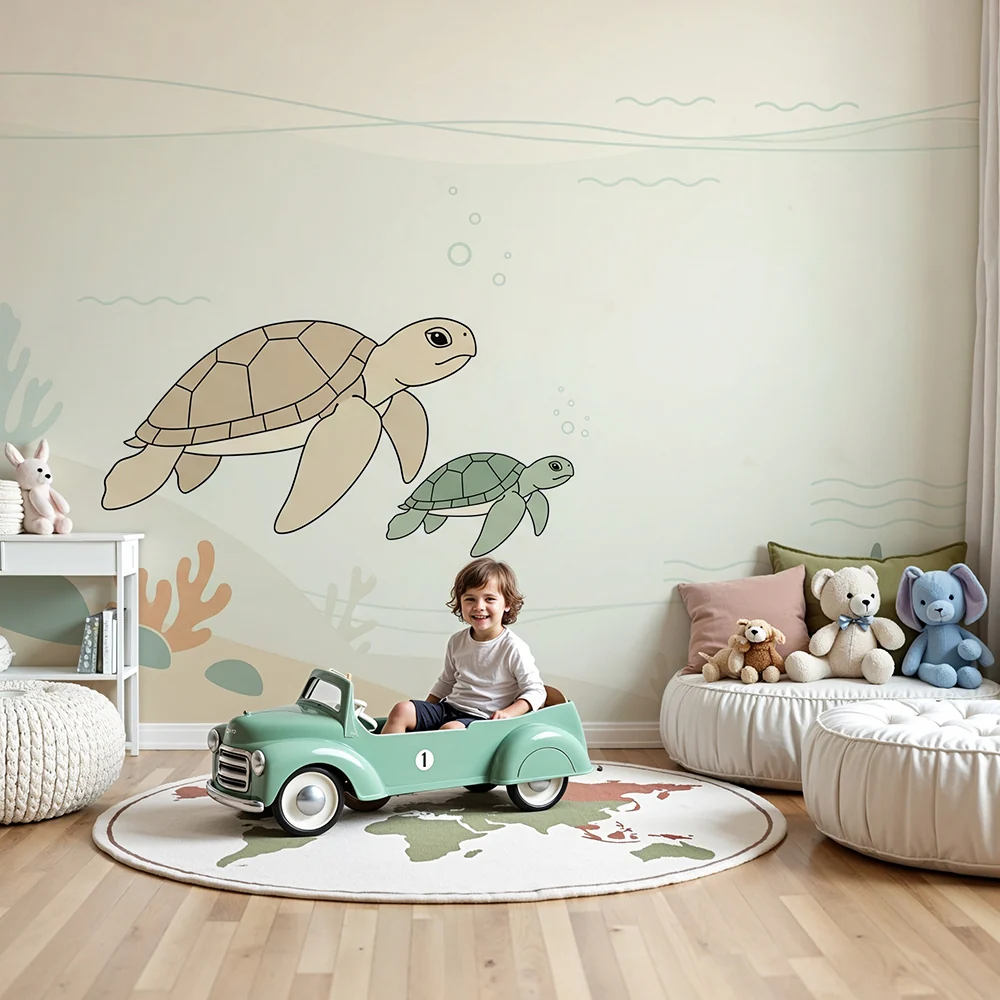 Nursery room wallpaper | Bébék szobájának tapéta | Tengeri teknősök békésen úsznak egy lágy óceánban