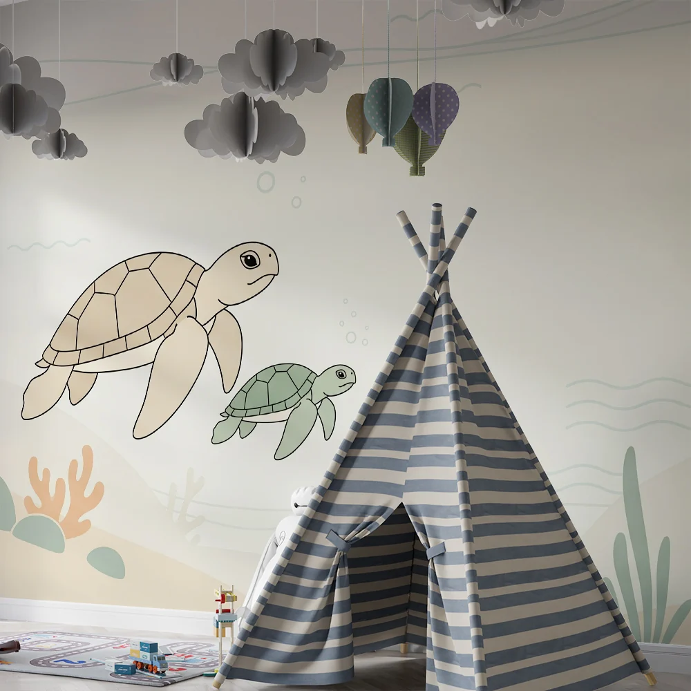 Nursery room wallpaper | Bébék szobájának tapéta | Tengeri teknősök békésen úsznak egy lágy óceánban
