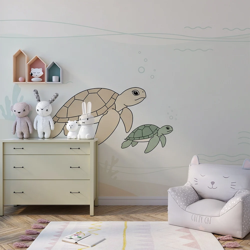 Nursery room wallpaper | Bébék szobájának tapéta | Tengeri teknősök békésen úsznak egy lágy óceánban