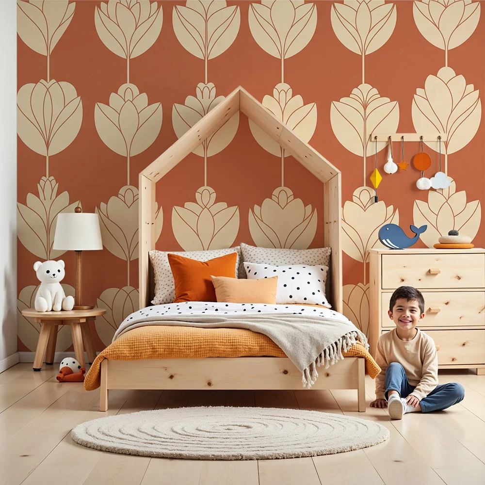 Nursery room wallpaper | Beige flowers on terracotta background
