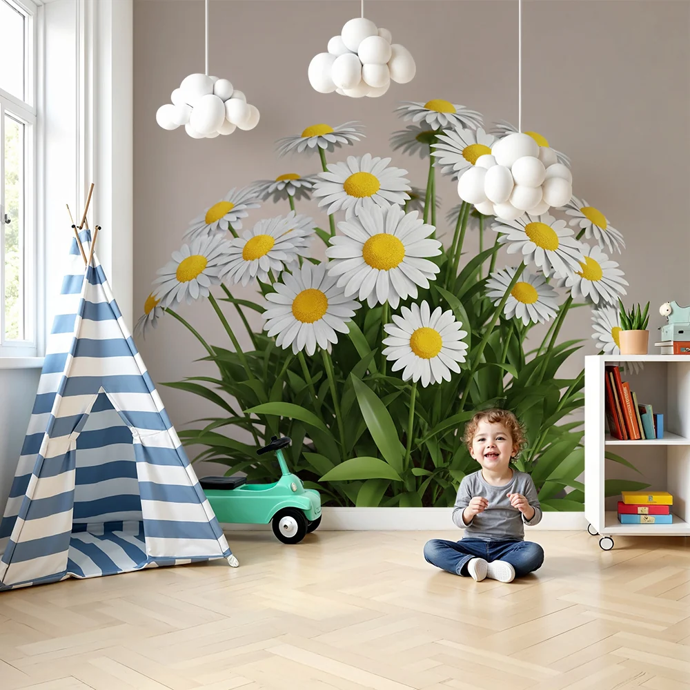 Nursery room wallpaper | Bájos fehér és sárga százszorszépek puha hangulathoz