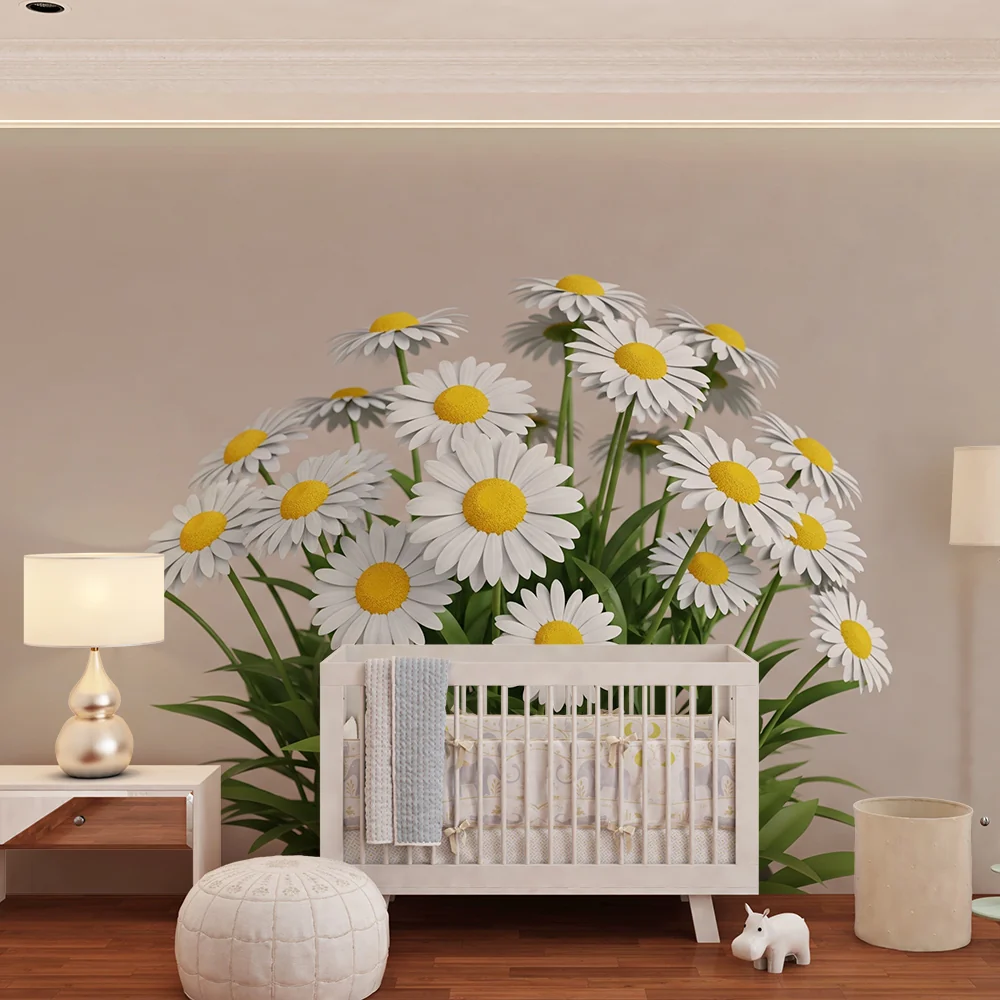Nursery room wallpaper | Bájos fehér és sárga százszorszépek puha hangulathoz