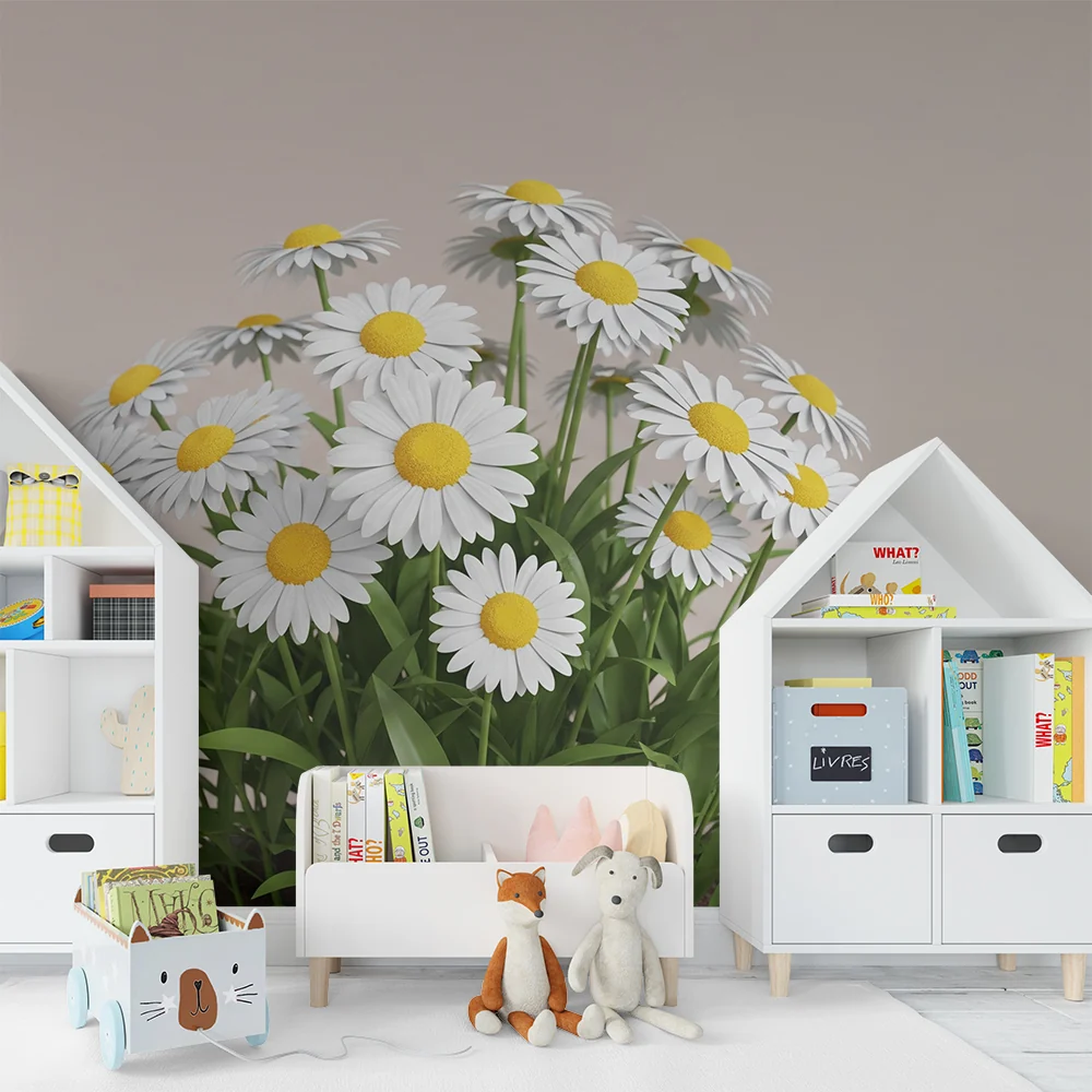 Nursery room wallpaper | Bájos fehér és sárga százszorszépek puha hangulathoz