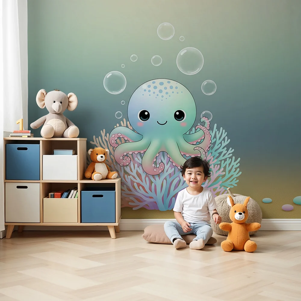 Nursery room wallpaper | Bájos polip és színes korall víz alatt